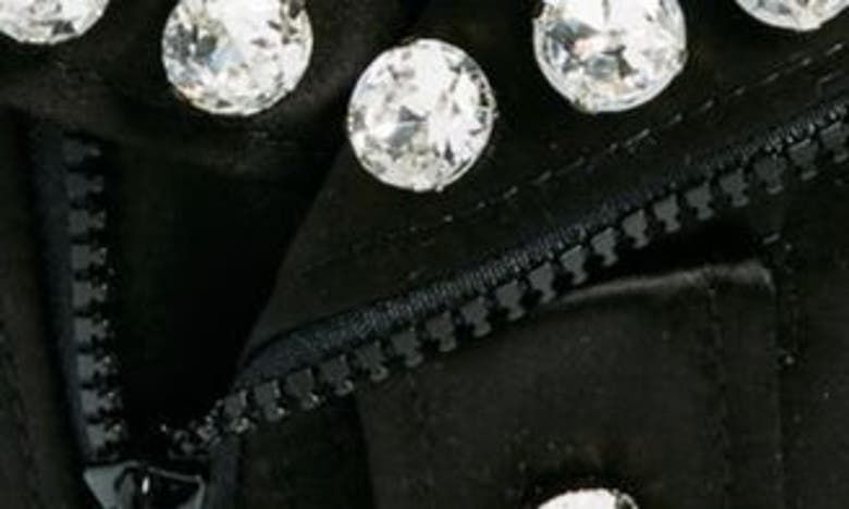 Shop Moschino Heart Biker Crystal Embellished Satin Belt Bag In Fantasy Print Black