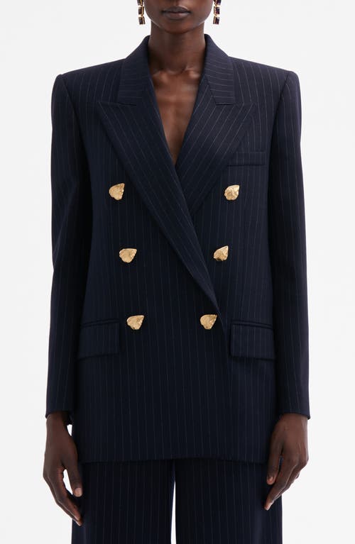 Shop Oscar De La Renta Pinstripe Double Breasted Stretch Wool Blazer In Navy/white