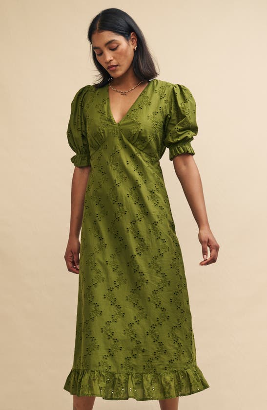 Shop Nobody's Child Delilah Empire Waist Organic Cotton Midi Dress In Green