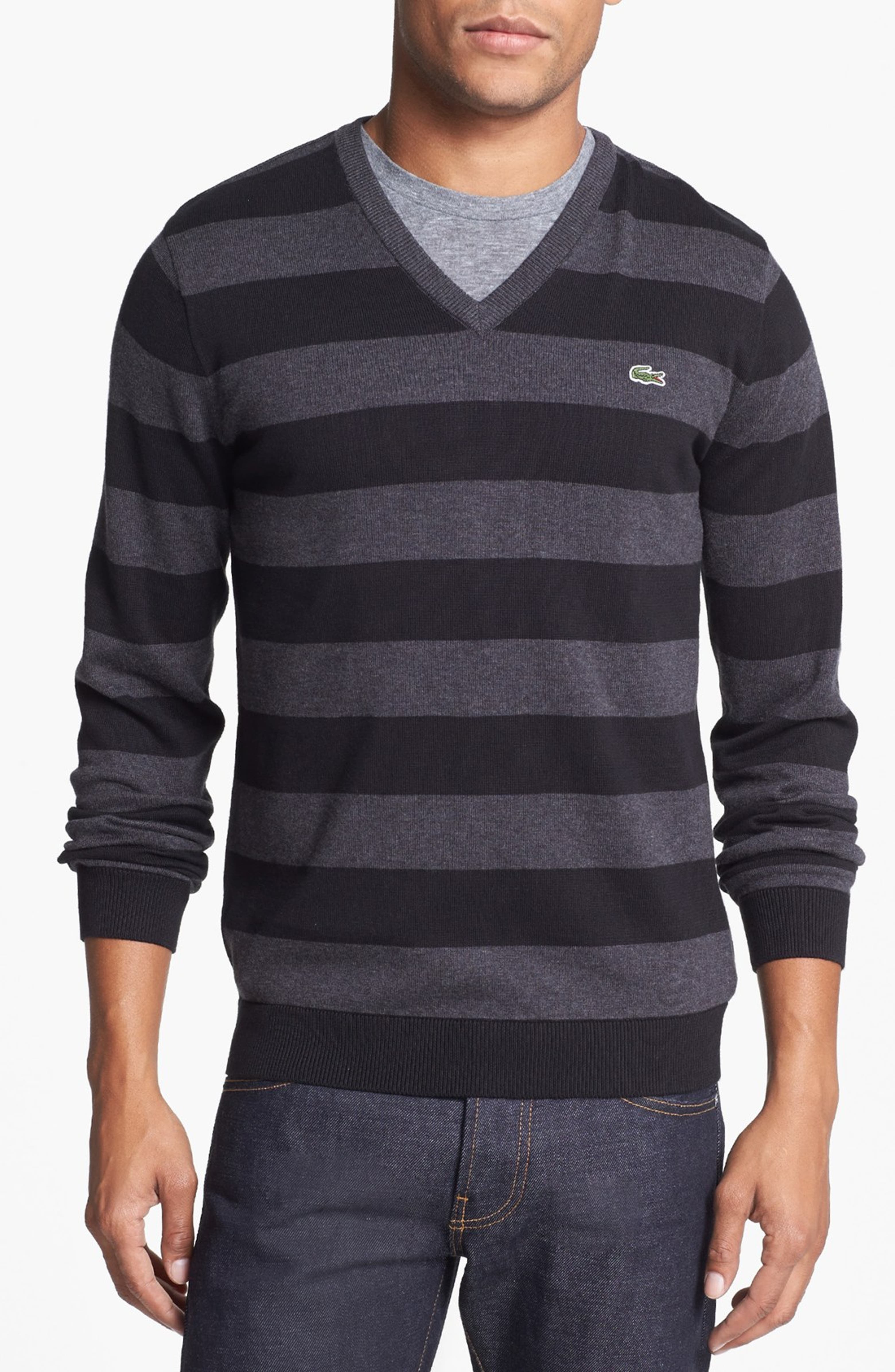 Lacoste Stripe Jersey Cotton V-Neck Sweater | Nordstrom