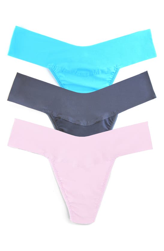 Hanky Panky Breathe Assorted 3-pack V-cut Thongs In Blue/ Grey/ Pink