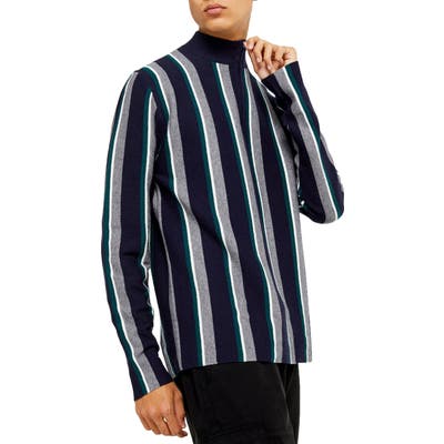Topman Stripe Mock Neck Quarter Zip Sweater
