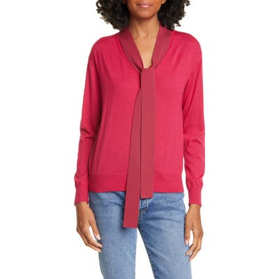 Tanya Taylor Jacque Colorblock Tie Neck Wool Sweater, Pink