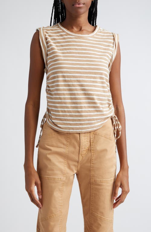 Veronica Beard Vinci Side Ruched Cotton Muscle Tee In Off White/khaki Stripe