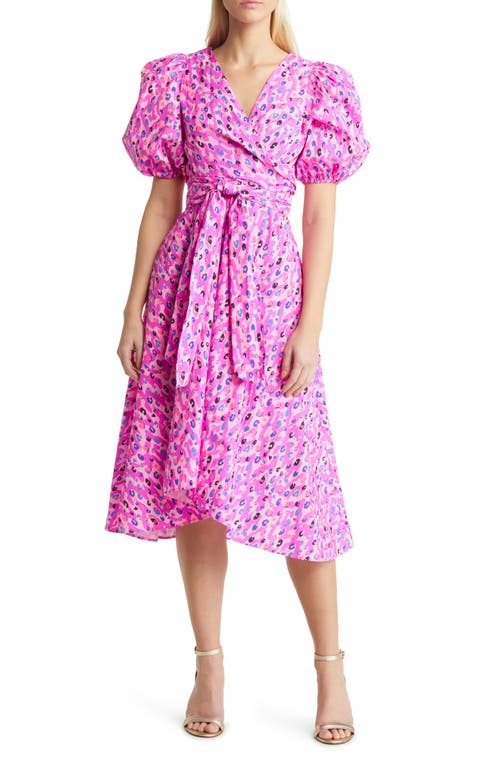 Lilly Pulitzer Juney Puff Sleeve Faux Wrap Midi Dress in Wild Fuchsia Spotted In Love at Nordstrom, Size 10