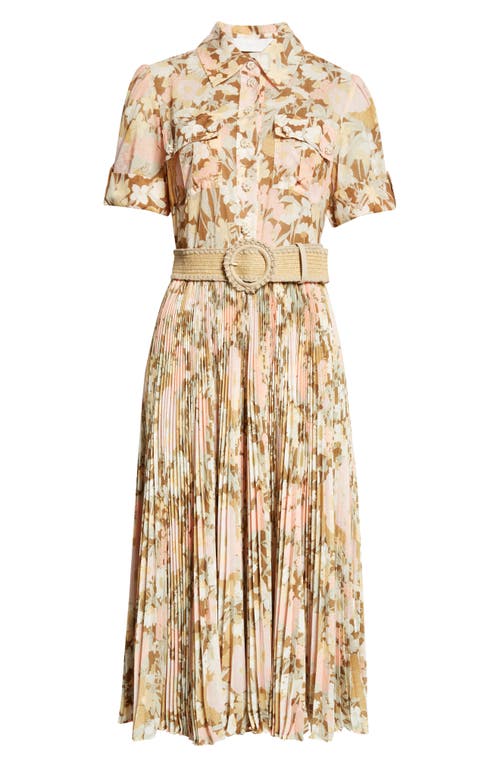 Shop Zimmermann Pop Pleated Midi Shirtdress In Gold/peach Floral