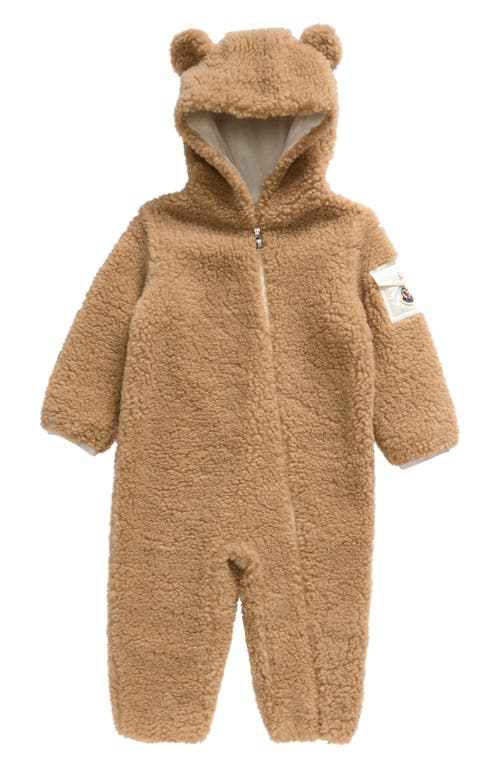 Shop Moncler Teddy Baby Grow Hooded Romper In Beige