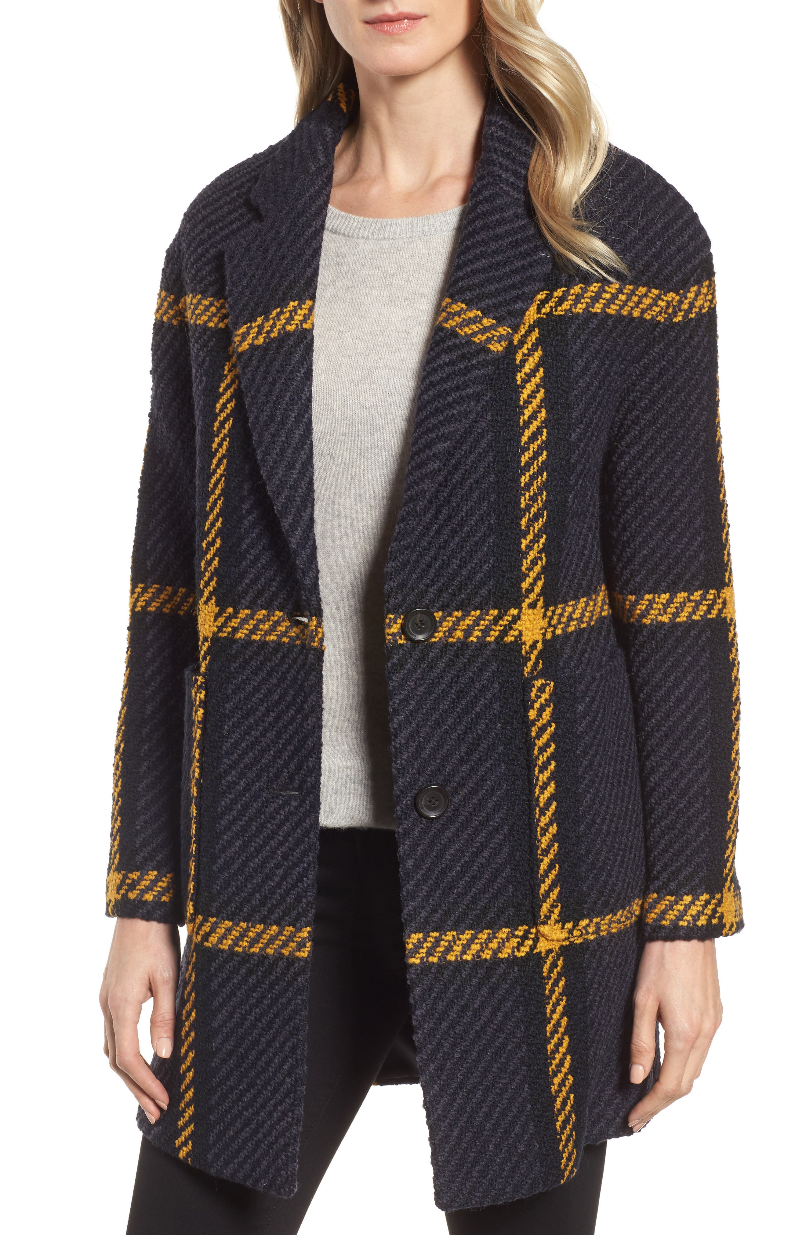 DKNY Textured Plaid Wool Blend Coat Nordstrom