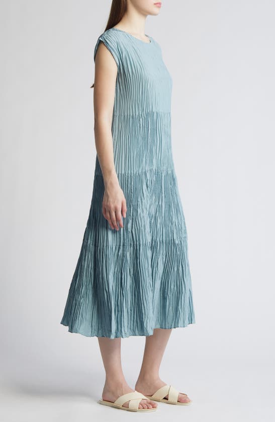 Shop Eileen Fisher Pleated Tiered Silk Midi Dress In Seafoam