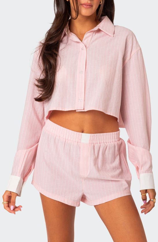 Shop Edikted Lea Pinstripe Cropped Button-up Shirt In Light-pink
