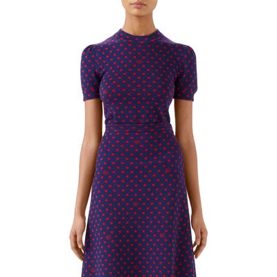 Gucci Polka Dot & Double G Logo Puff Sleeve Wool Blend Sweater, Blue