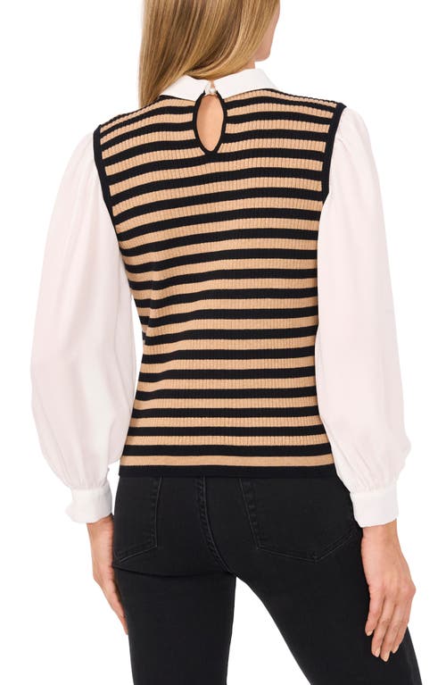 Cece Stripe Mixed Media Sweater Top In Rich Black