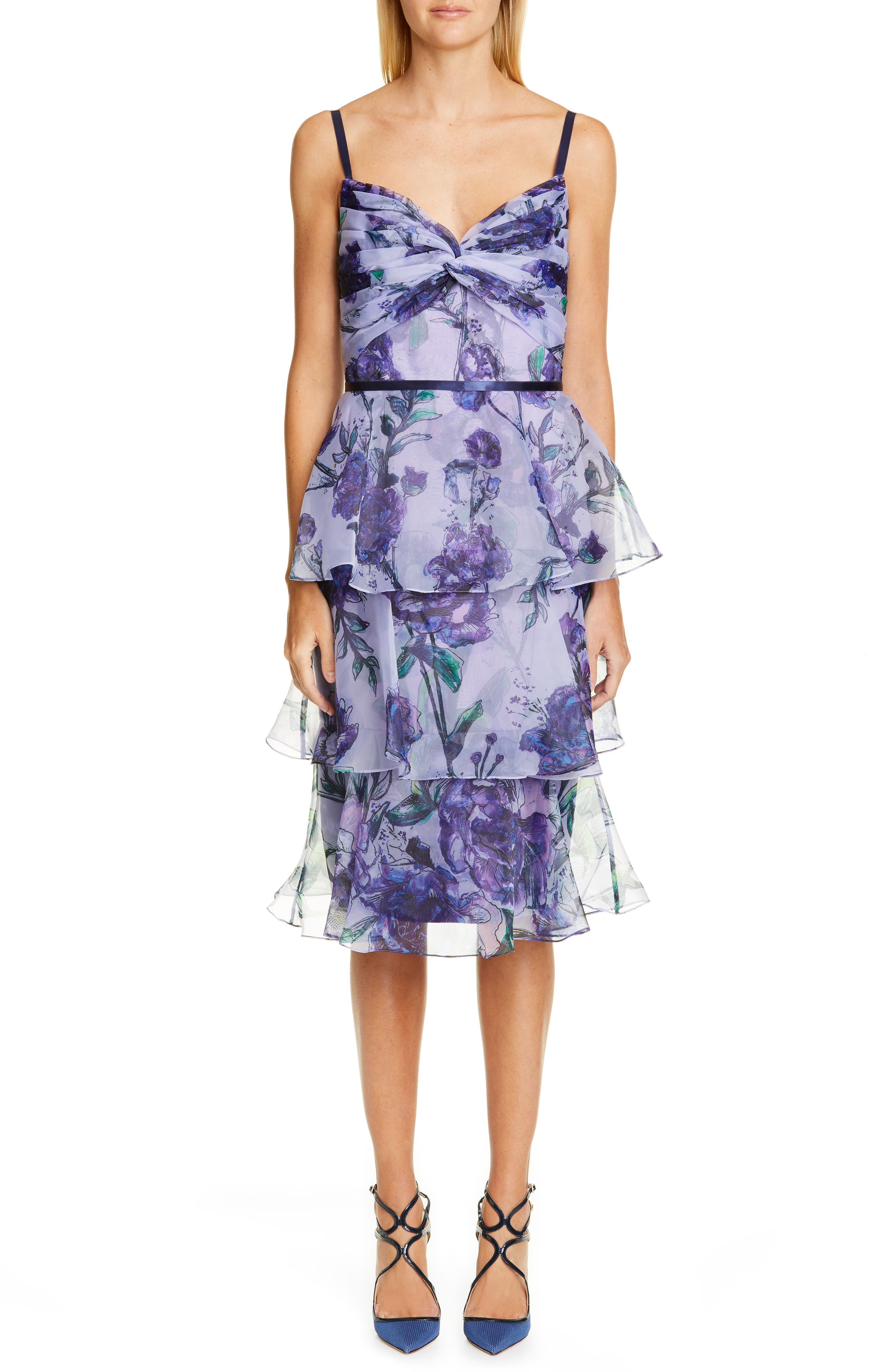 Marchesa Notte Floral Tiered Midi Dress, Purple