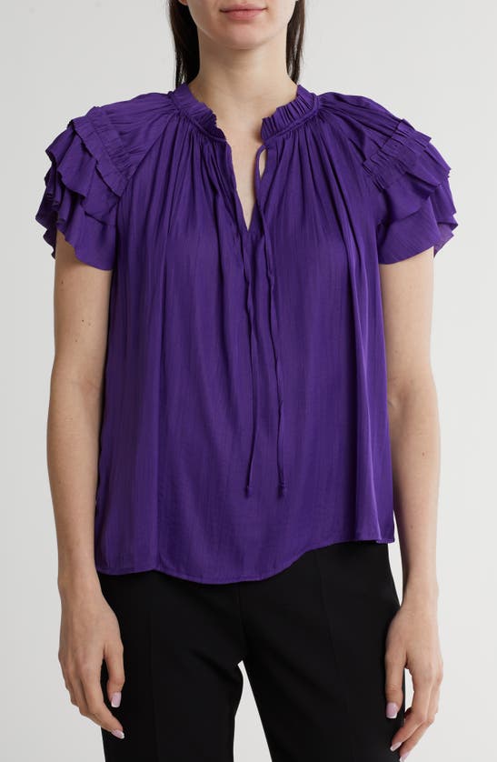 Shop Catherine Malandrino Tie Neck Ruffle Sleeve Top In Deep Violet