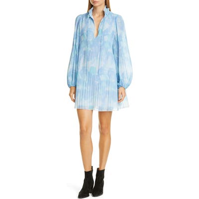 Ganni Floral Pleat Long Balloon Sleeve Minidress, Blue