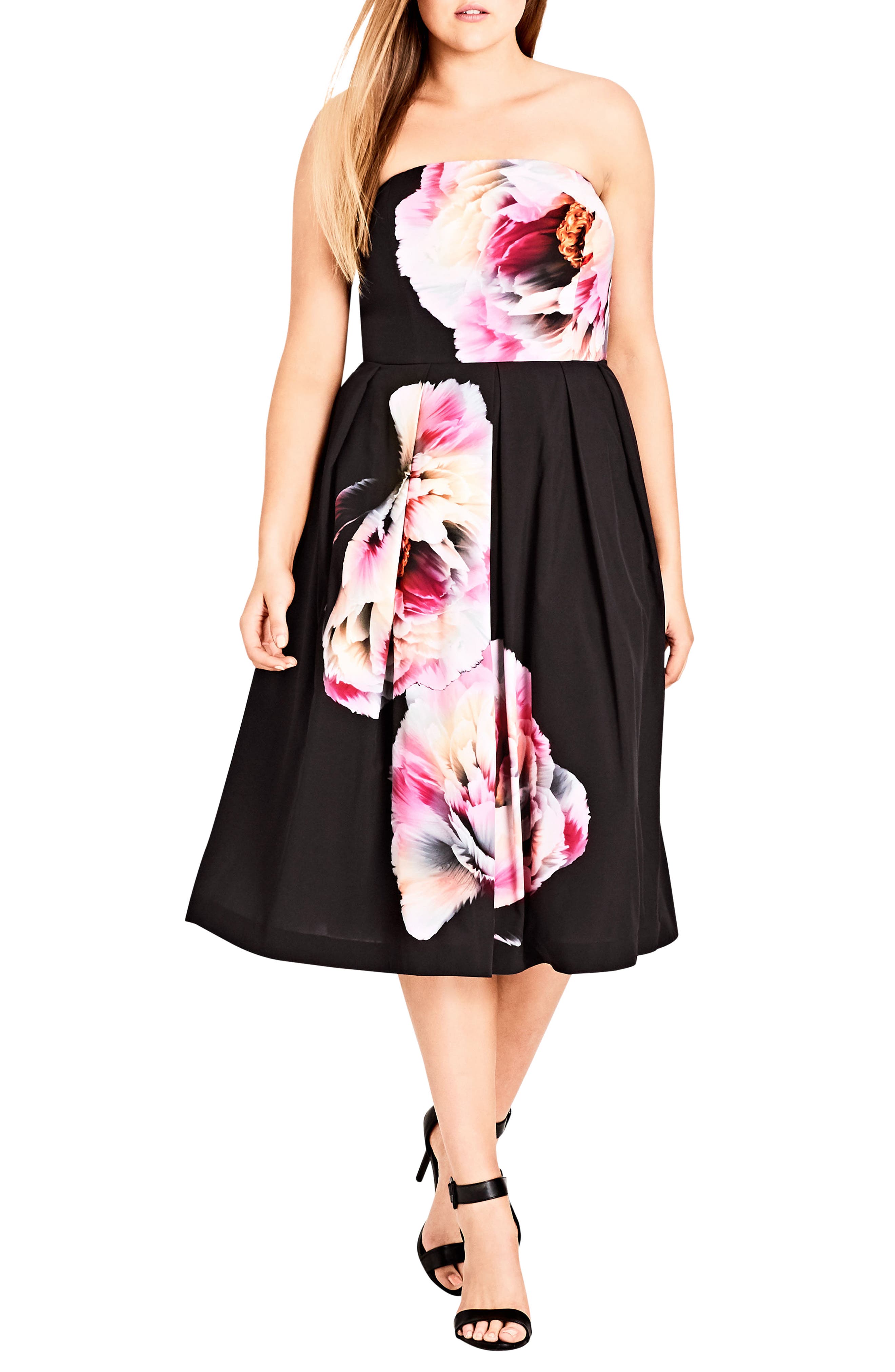 Plus Size City Chic Bold Bloom Pleated Fit & Flare Dress, Black
