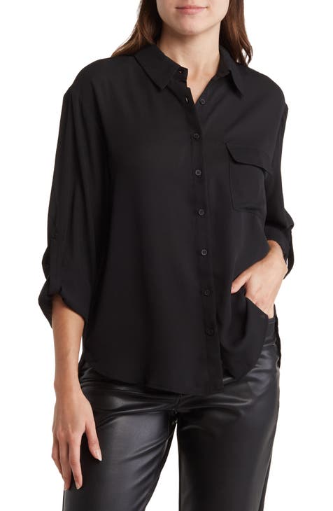 Utility Faux Leather Short Sleeve Button Up Shirt - Black