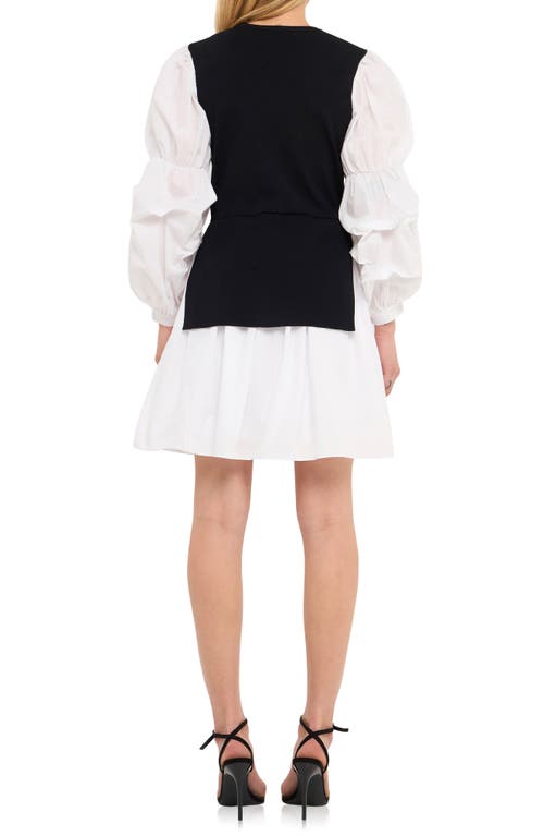 Shop English Factory Mixed Media Long Sleeve Minidress In Black/white