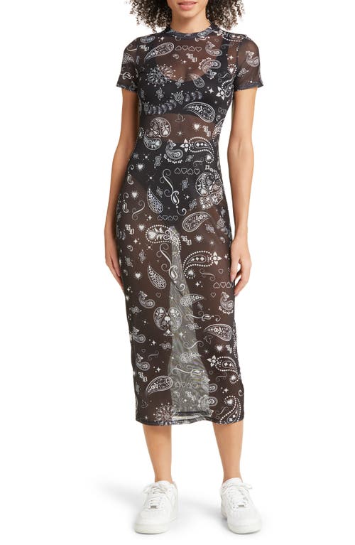 Paisley Mesh Midi Dress in Black