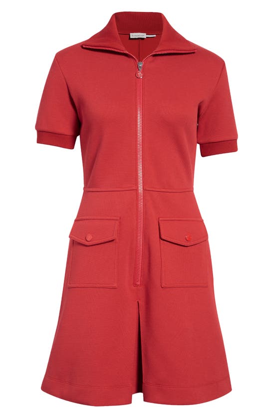 Moncler Zip Front Cotton Blend Piqué Dress In Red