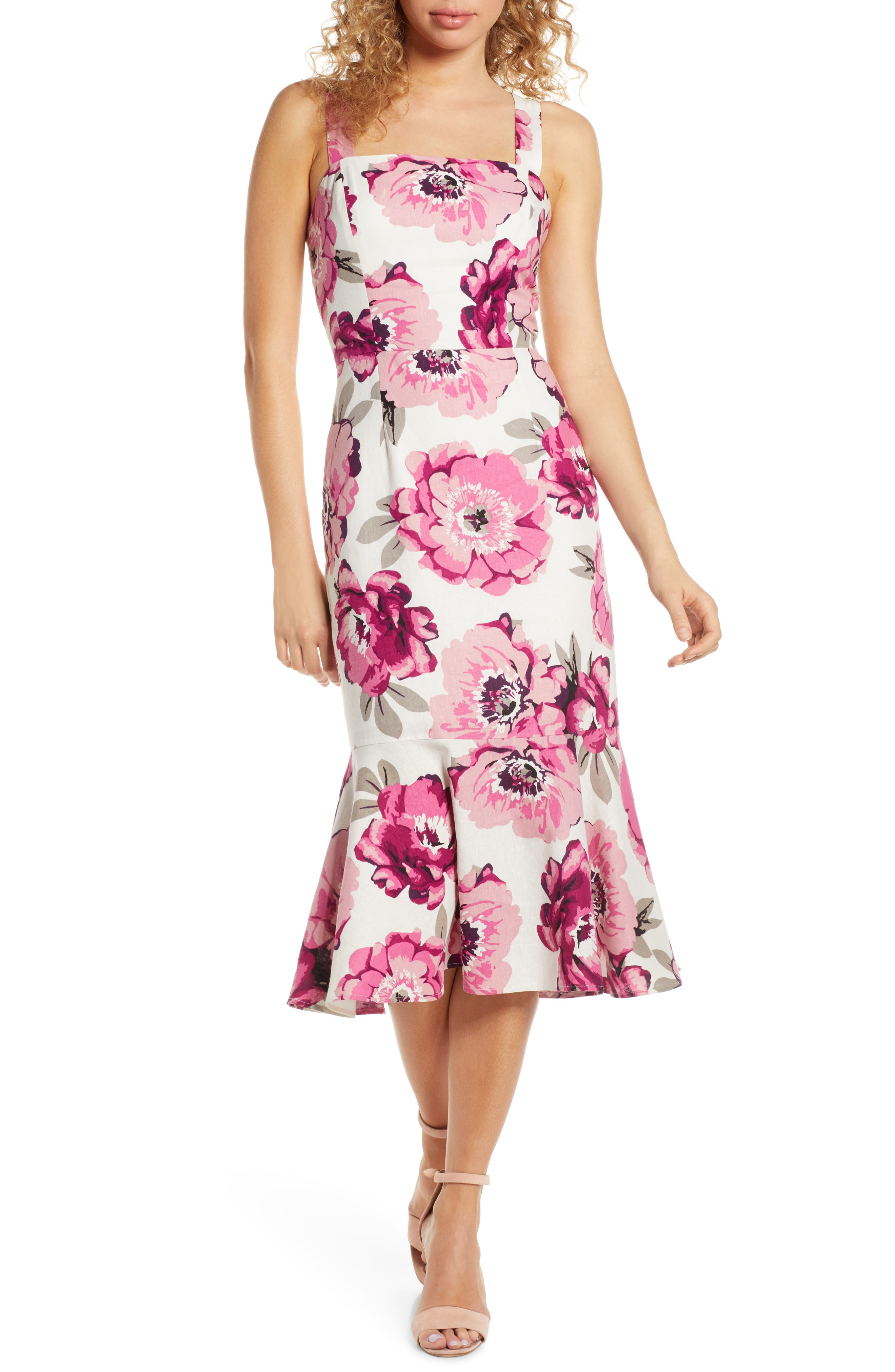 Charles Henry Floral Linen Blend Midi Sundress, Pink