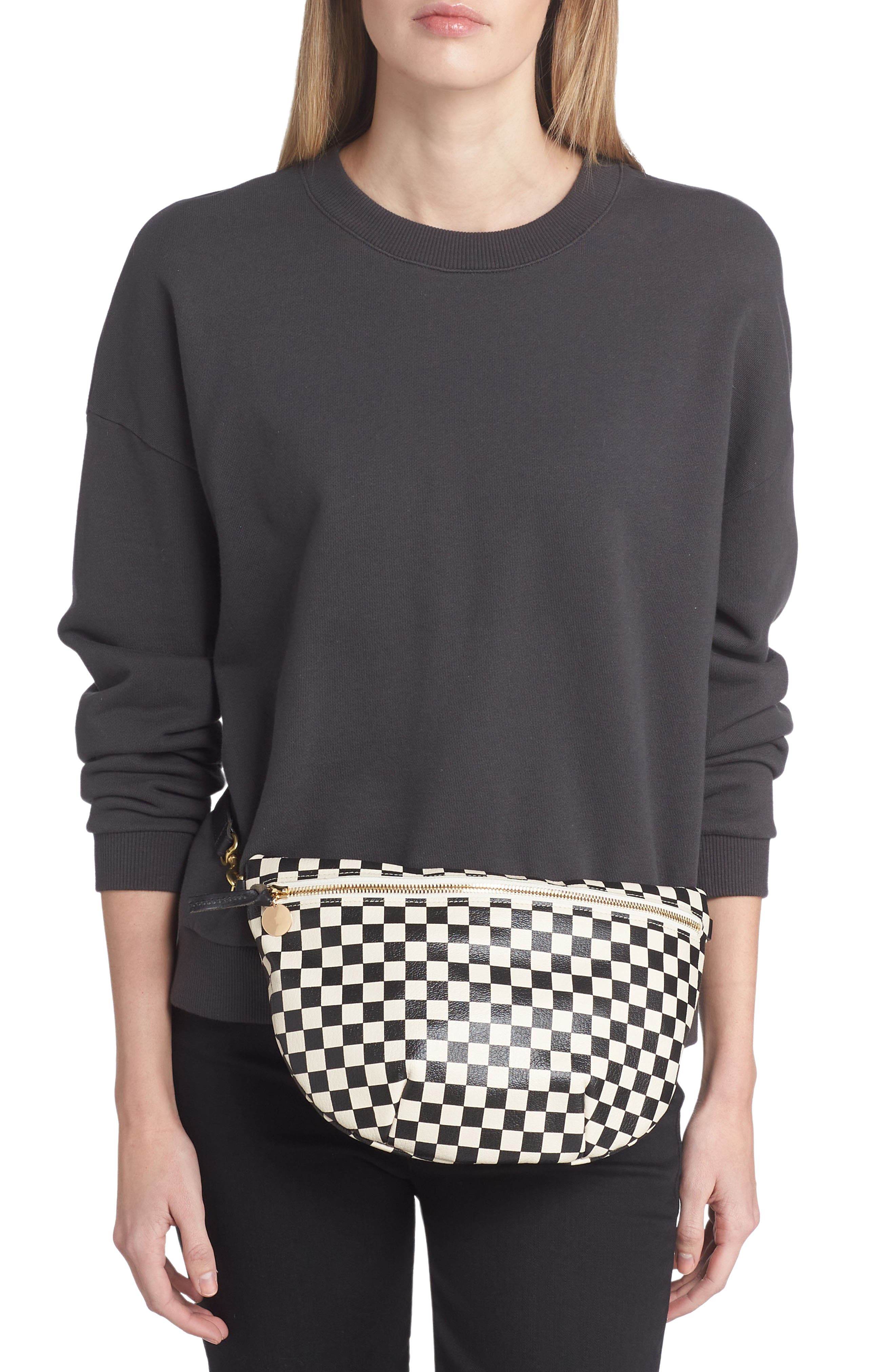 Clare V. Le Zip Sac Leather Tote Bag in Cream Chantal/black Checkers