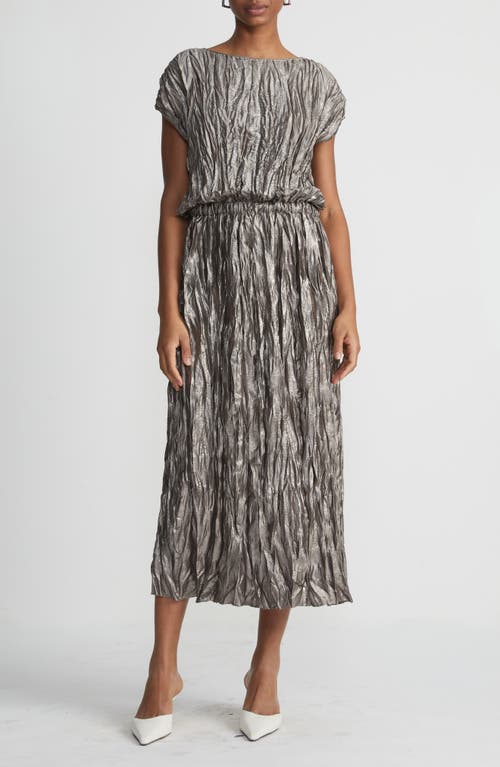 Shop Lafayette 148 New York Metallic Foil Plissé Midi Dress In Pewter Metallic