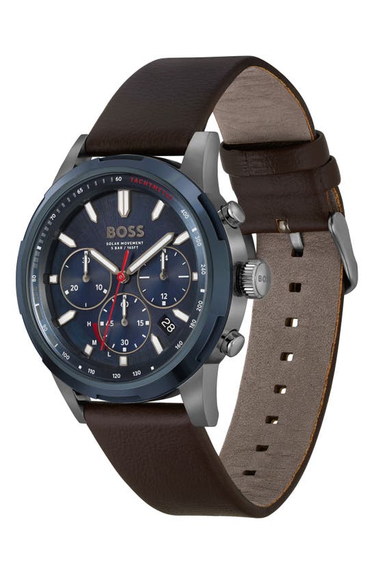 Shop Hugo Boss Solgrade Chronograph Leather Strap Watch, 44mm In Blue