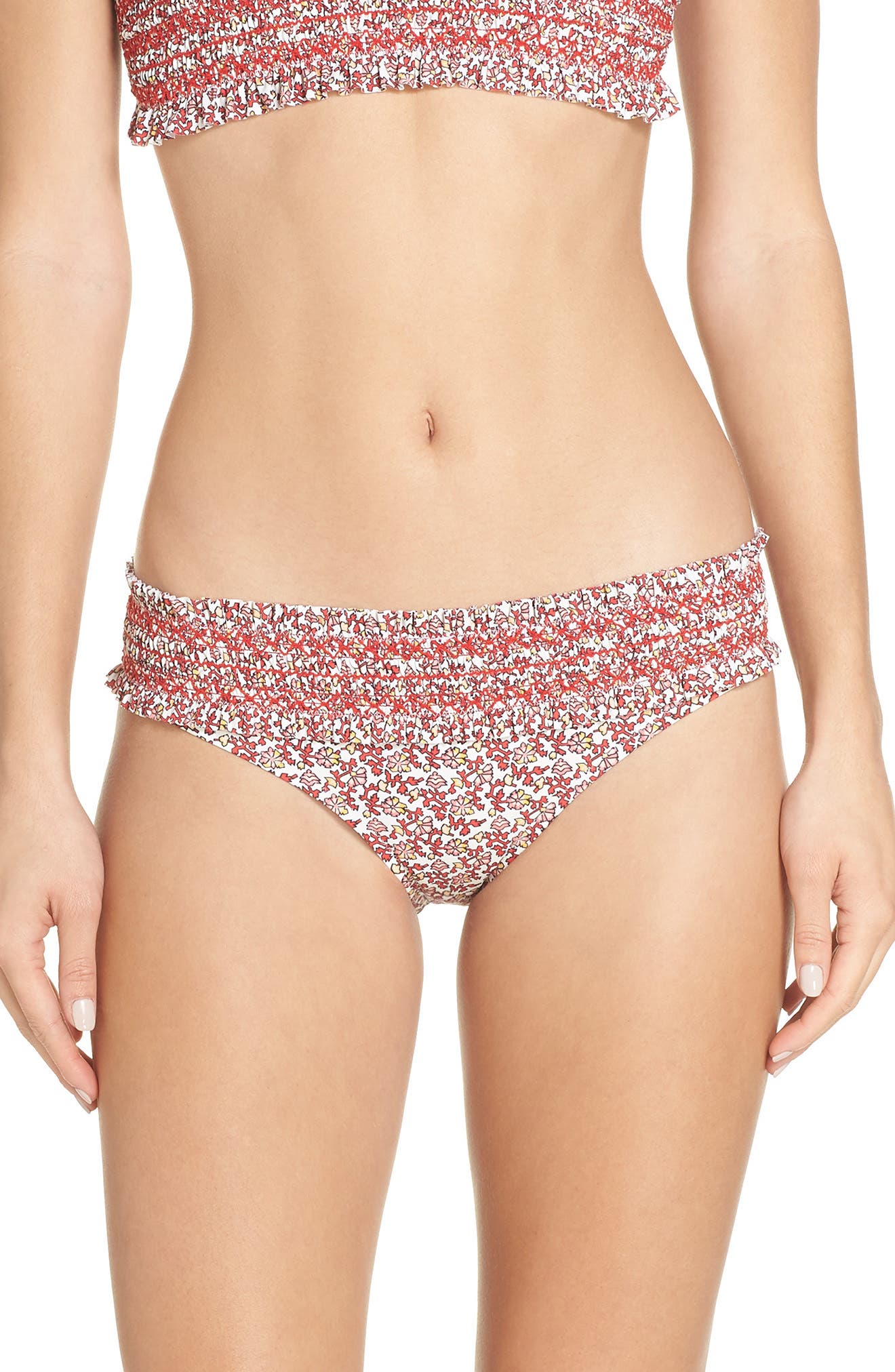 Tory Burch Costa Smocked Bikini Bottoms, Burgundy