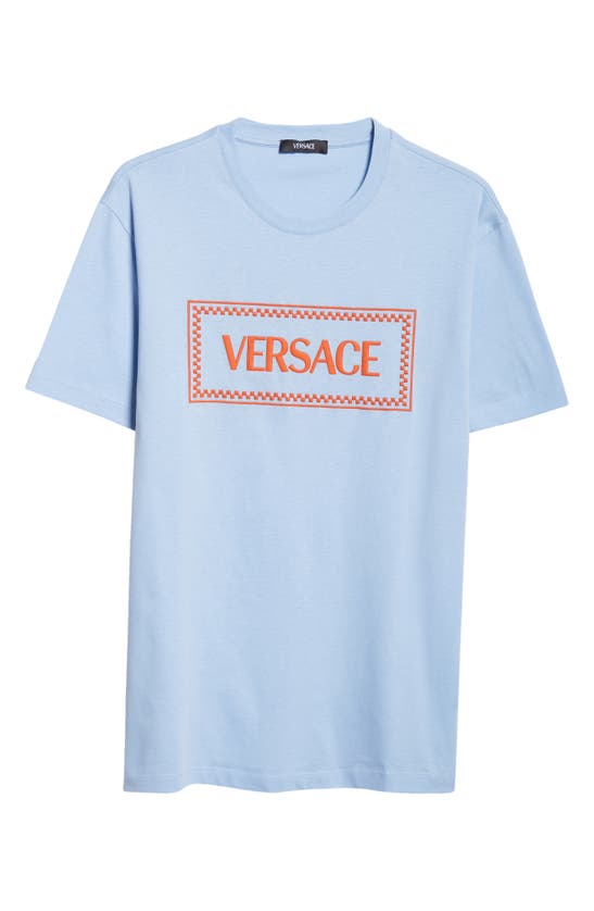 Shop Versace Embroidered Logo Cotton Jersey T-shirt In Blue Hydrangea