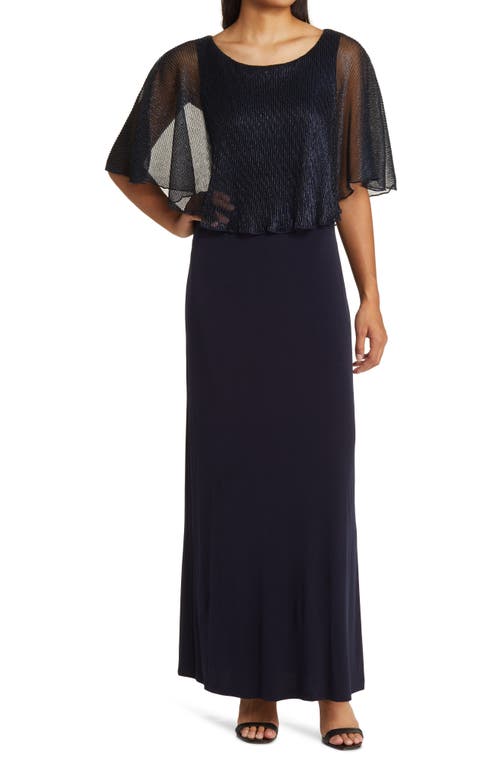 Metallic Cape Bodice Jersey Gown in Navy
