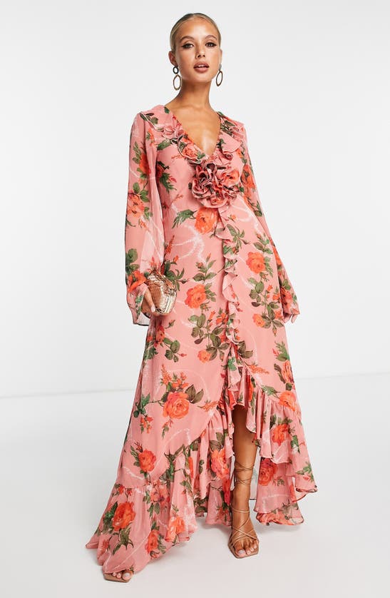 Asos Design Floral Ruffle Long Sleeve Maxi Dress In Multi