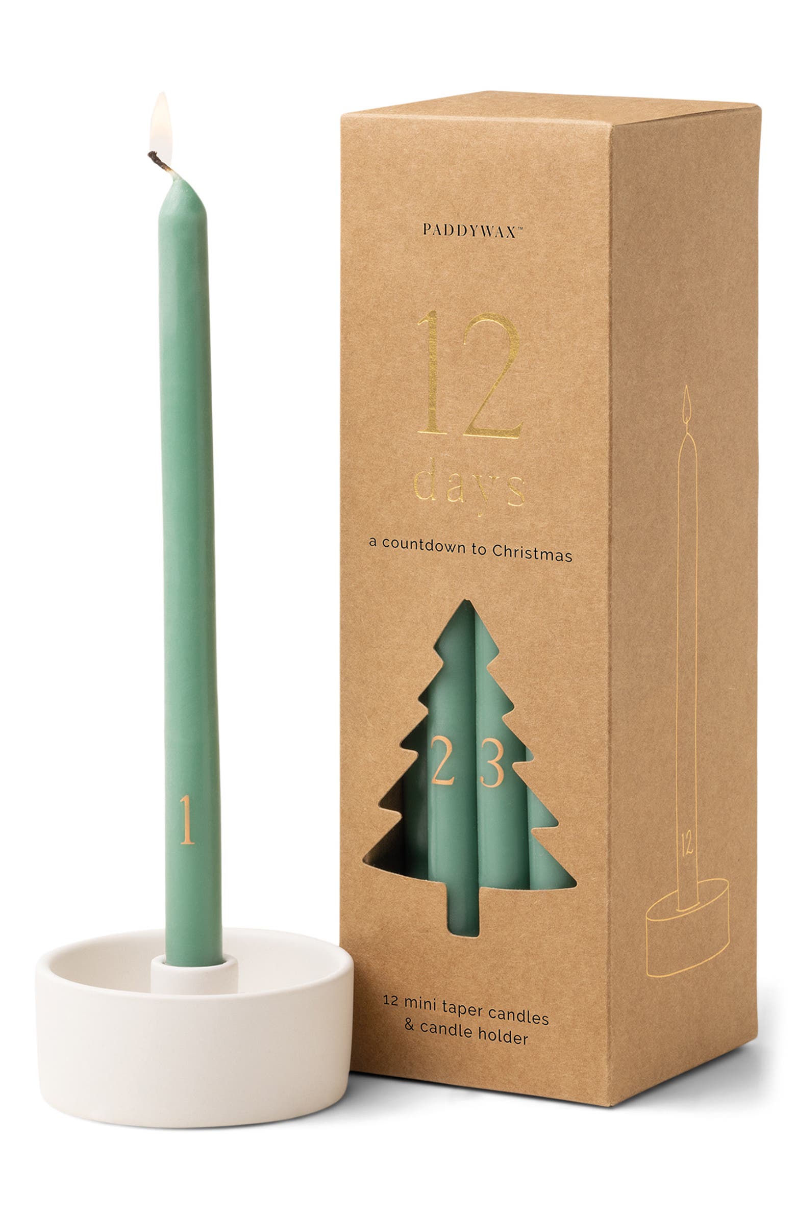 PADDYWAX Countdown to Christmas Set of 12 Mini Taper Candles & Candle Holder