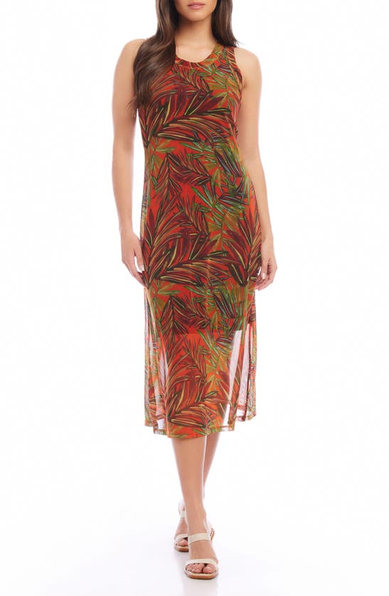Shop Karen Kane Palm Print Mesh Midi Dress In Orange Print