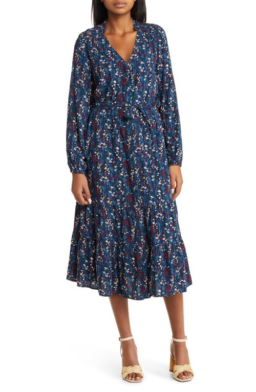 caslon(r) Floral Tiered Long Sleeve Dress in Navy- Blue Cayce Floral