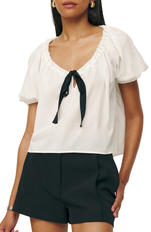 Reformation Tie Neck Puff Sleeve Organic Cotton Top White at Nordstrom,