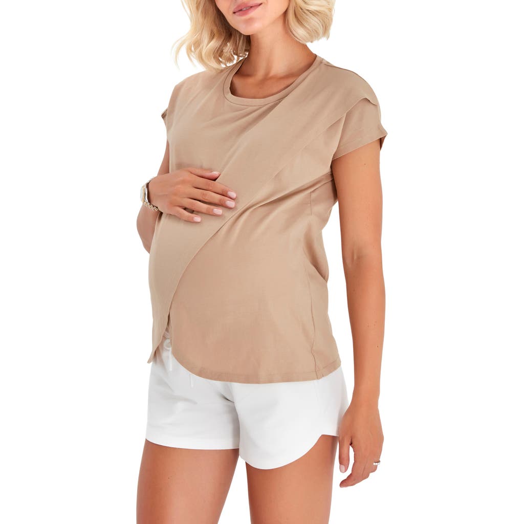 Accouchée Crossover Short Sleeve Cotton Maternity/Nursing Top in Beige