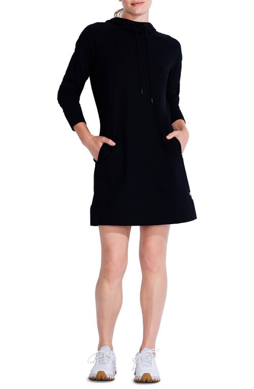 Long Sleeve Brushed Terry Hooded Sweater Dress in Black Onyx