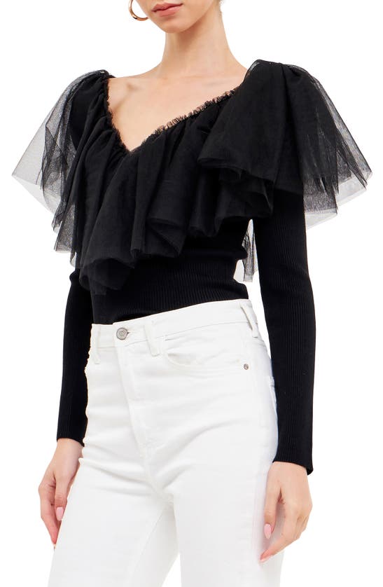 Shop Endless Rose Ruffle Mesh Mixed Media Top In Black
