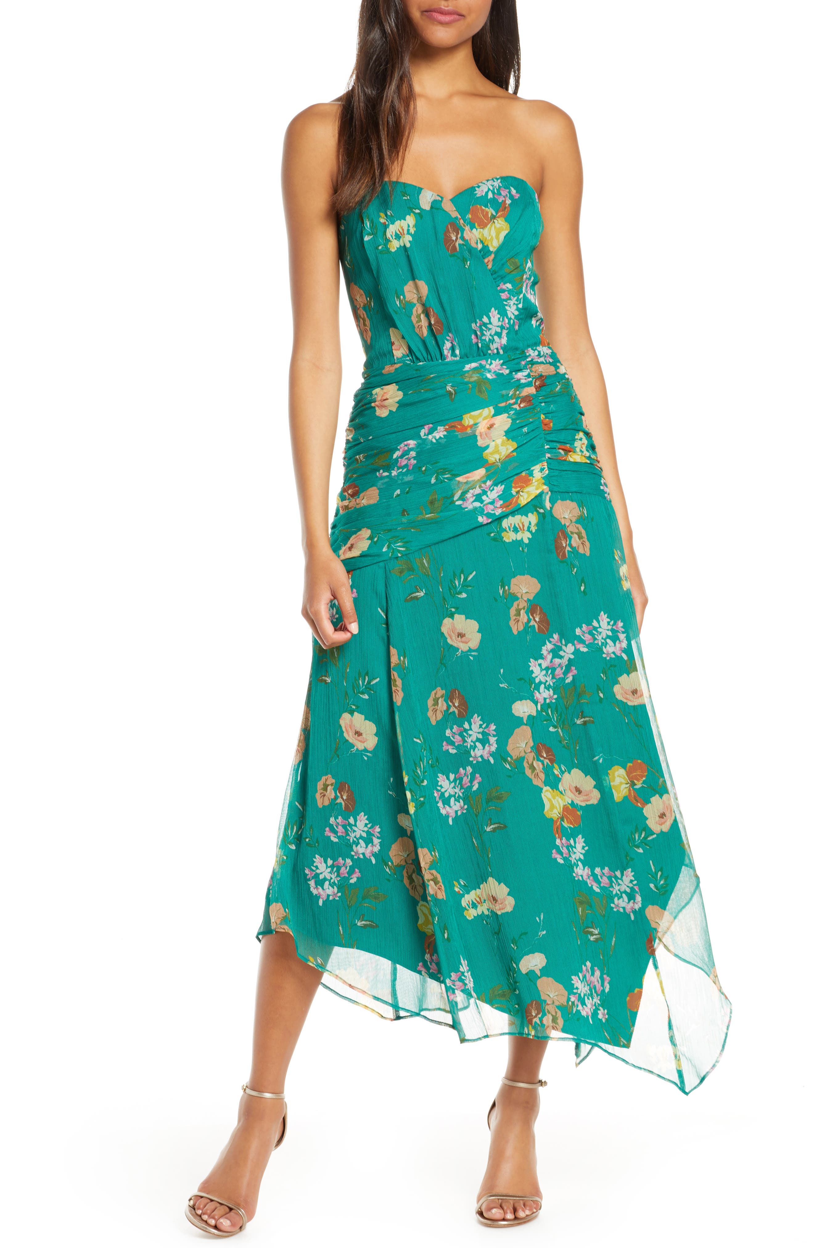 Harlyn Strapless Floral Midi Dress, Blue/green
