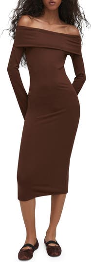 Mango fold over long sleeve bodycon midi dress in brown