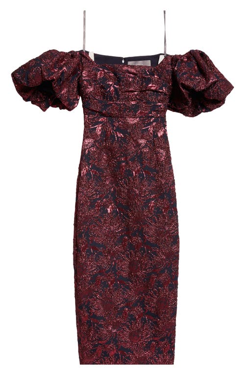 Shop Lela Rose Sunflower Off The Shoulder Puff Sleeve Brocade Gown In Navy/pink