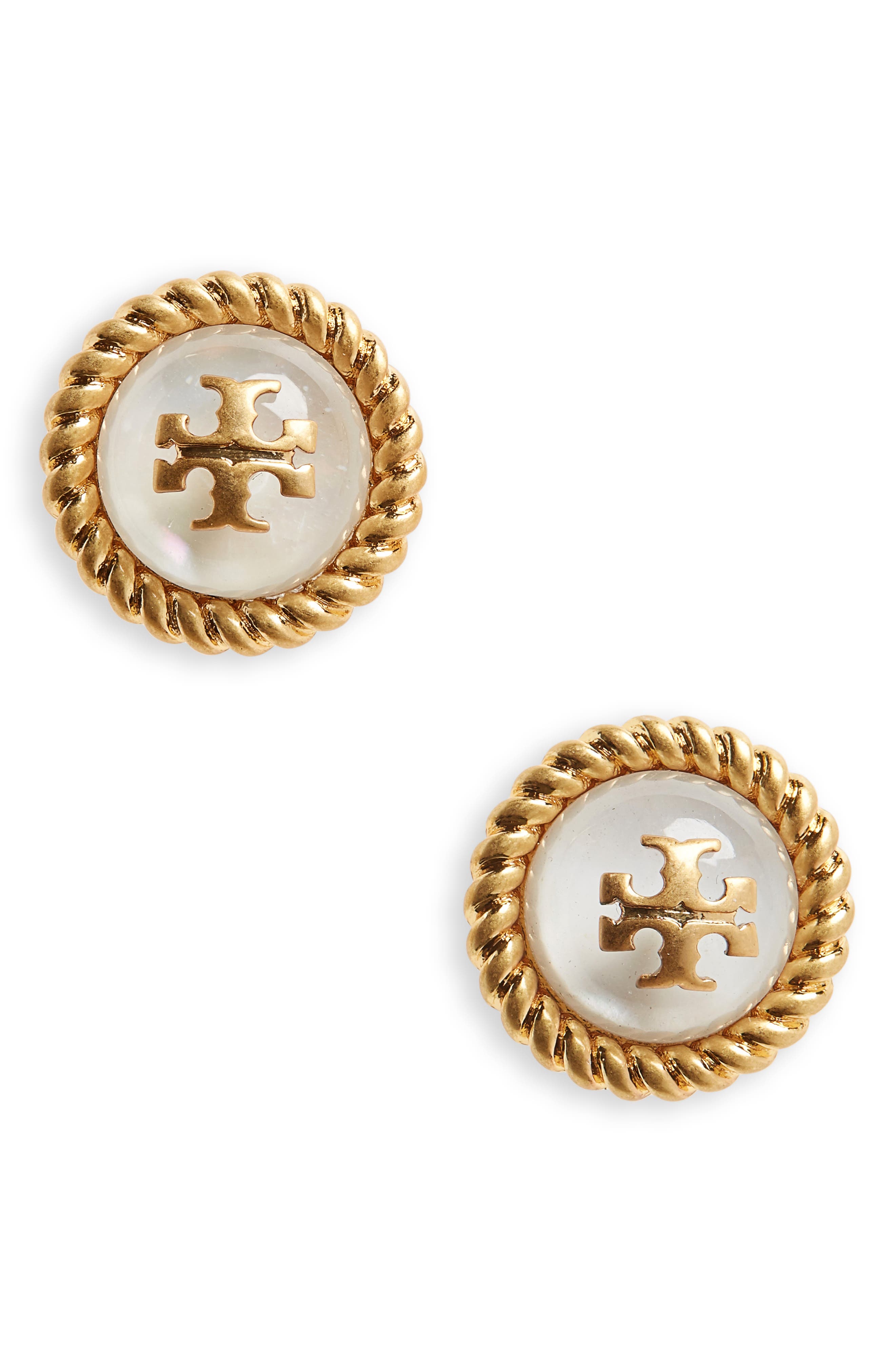 Tory Burch Kira Glass Circle Stud Earrings in Rolled Brass /Mother Of Pearl