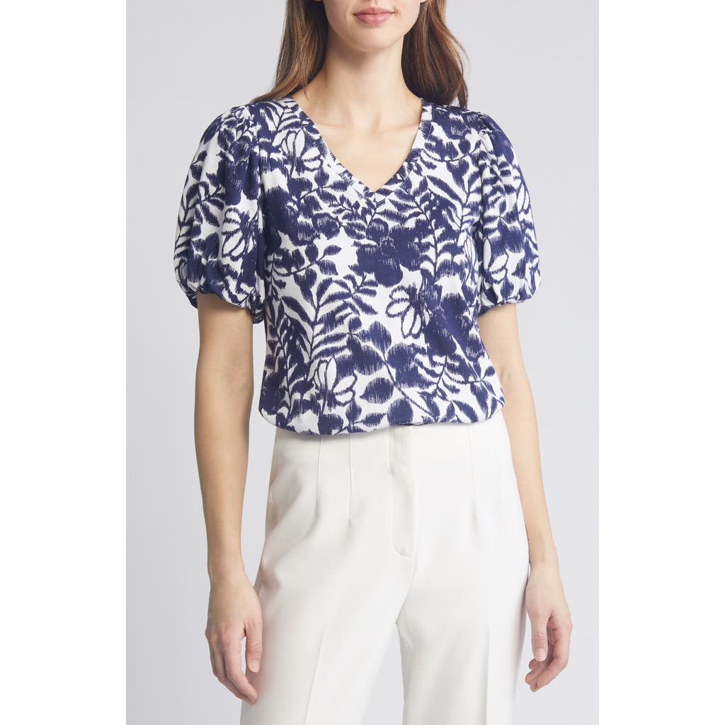 Anne Klein Floral Puff Sleeve T-shirt In Blue/white