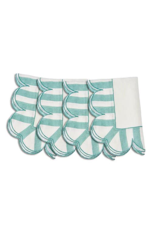 Misette Jardin 4-piece Embroidered Linen Scalloped Stripe Napkin Set In Green