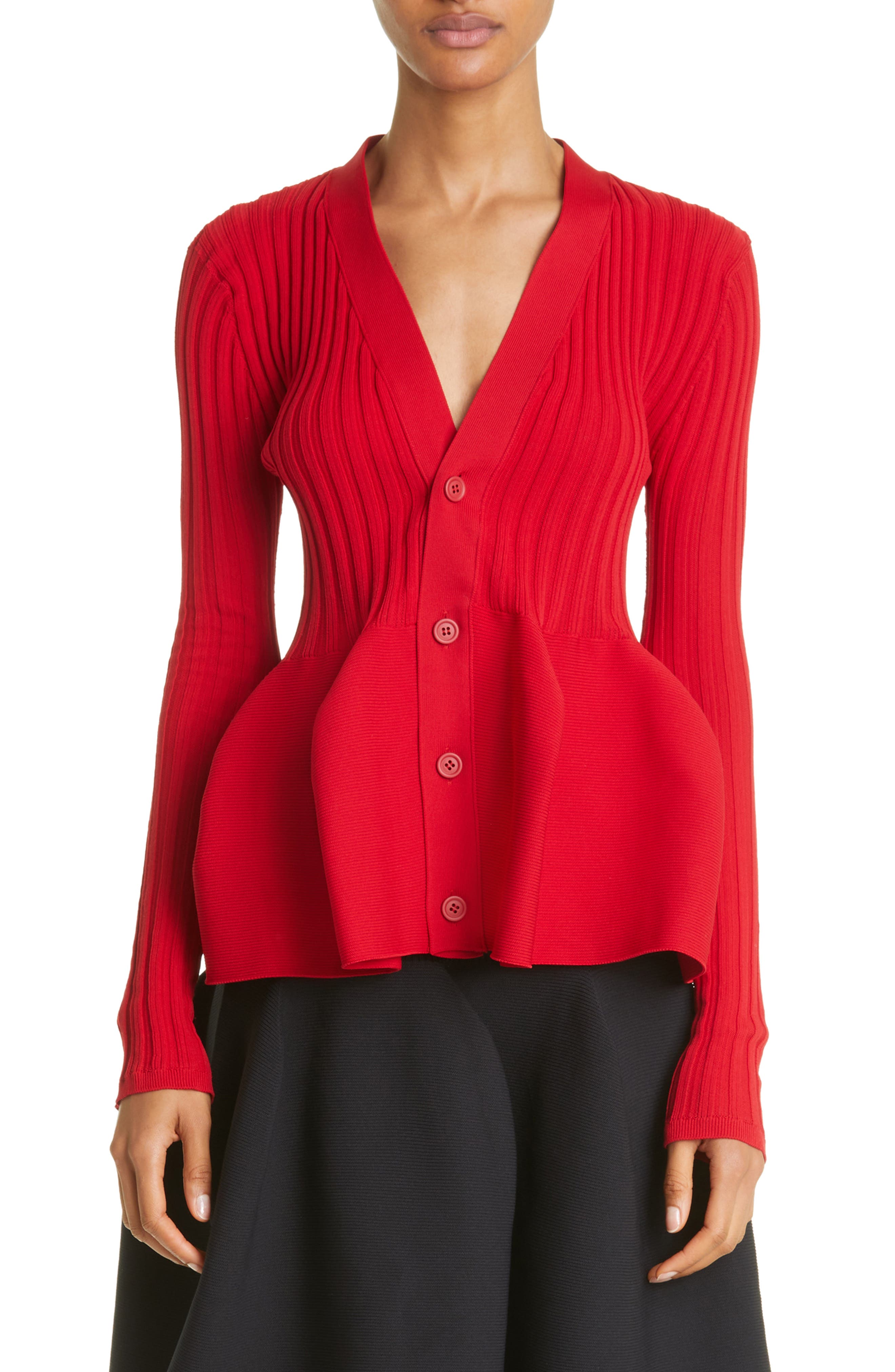 CFCL Pottery 1 Peplum Rib Cardigan in Red | Smart Closet