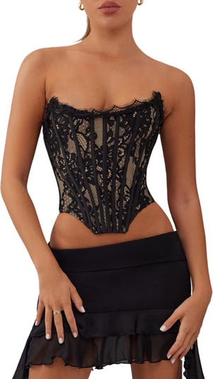 Black lace mesh corset top with flower - HEIRESS BEVERLY HILLS