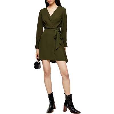 Topshop Faux Wrap Long Sleeve Minidress, US (fits like 6-8) - Green