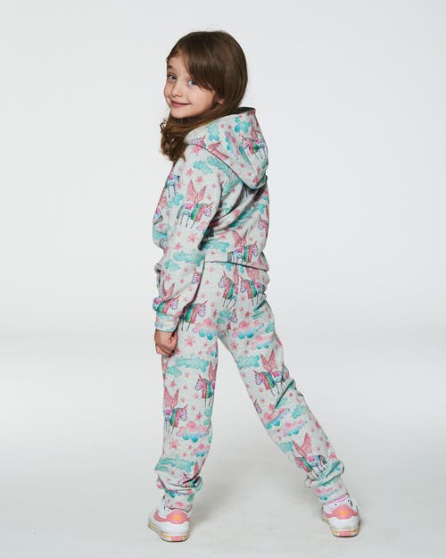 Deux Par Deux Girl's Shiny French Terry Sweatpants Gray Mix Printed Unicorn In Printed Angel Unicorns