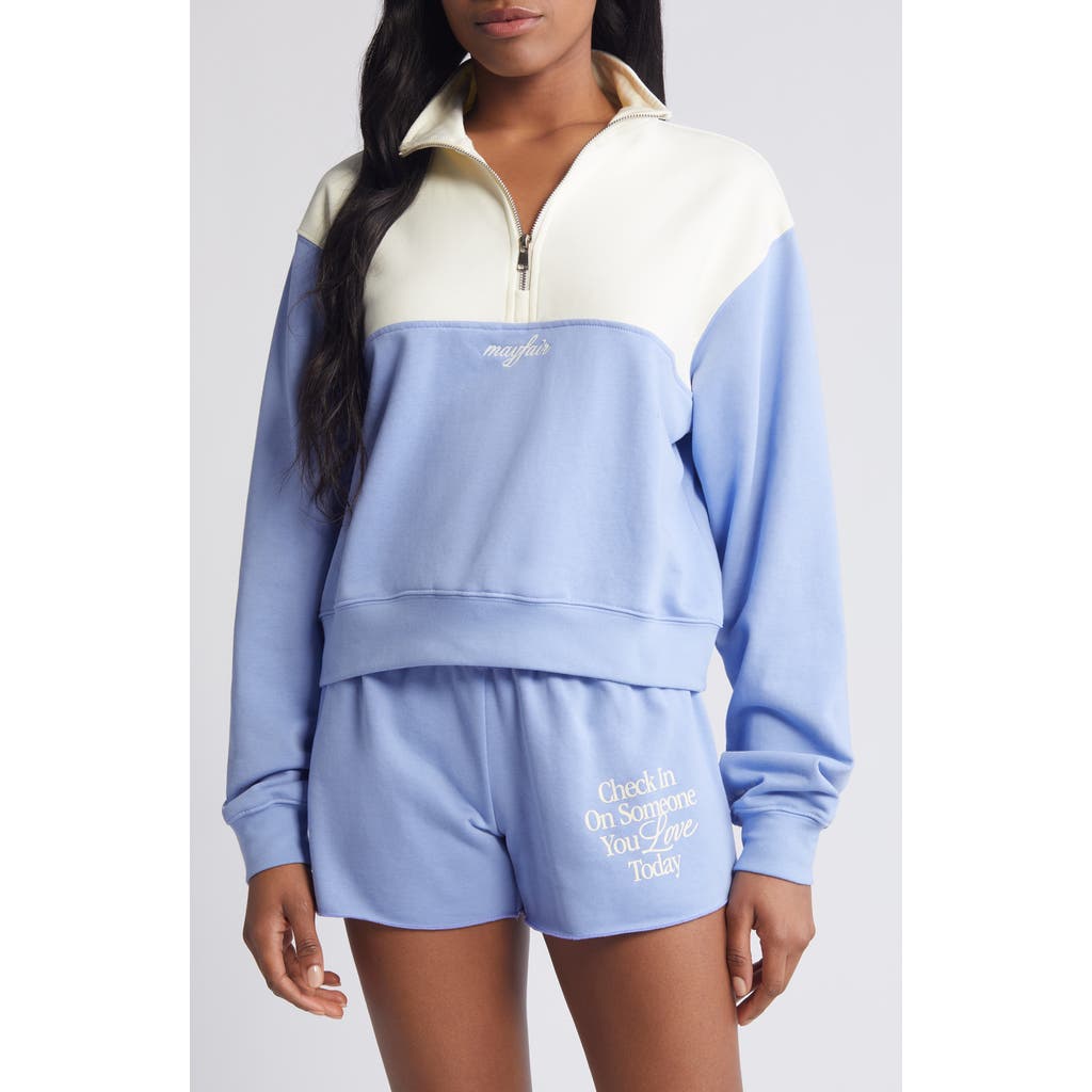 The Mayfair Group Check In Half Zip Sweatshirt In Cream/periwinkle